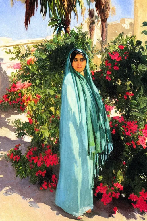 Image similar to a persian girl with agreen rabesque scarf near bougainvillea and palm trees, ahwaz city in iran, painting by john singer sargent