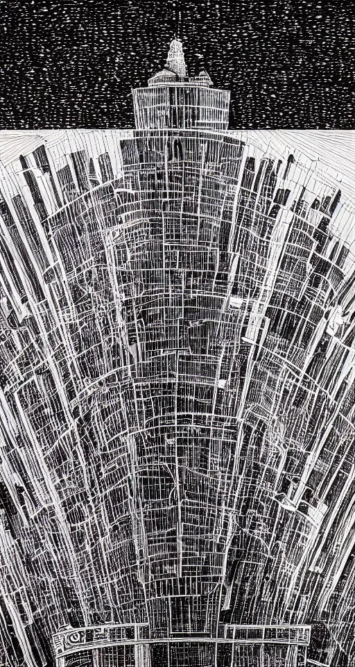 Prompt: huge futuristic building, illustration by stanley donwood, detailed, sharp, masterpiece, 8 k