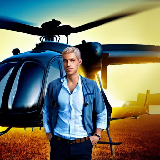 Image similar to blond male doctor in front of helicopter, epic lighting, digital art