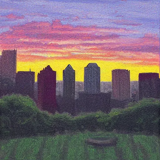 Prompt: pittsburgh, distant, sunset, trees, looking down, art by tom hammick