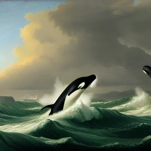 Prompt: orcas at sea, stormy, asher brown durand, highly detailed, artstation