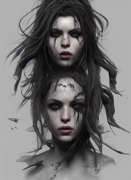 Image similar to female gray and black venom, naturel, hyper detailed, digital art, trending in artstation, cinematic lighting, studio quality, smooth render, unreal engine 5 rendered, octane rendered, art style by klimt and nixeu and ian sprigger and wlop and krenz cushart