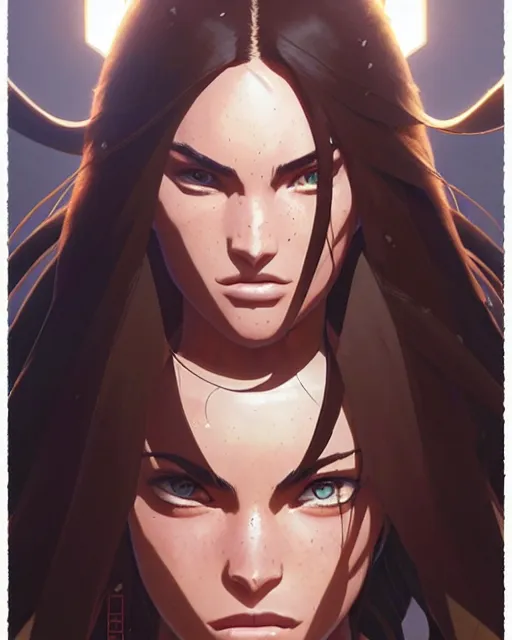 Image similar to azctec warrior, megan fox, detailed perfect face, exquisite details, fire magic, mid view, design on a white background, by studio muti, greg rutkowski makoto shinkai takashi takeuchi studio ghibli