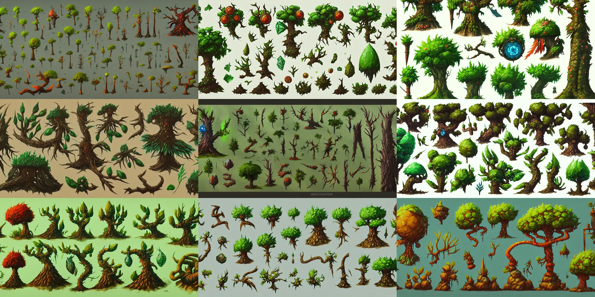 Prompt: game asset of plant and tree, in gouache detailed paintings, props, stylized, fantasy, dnd, acid