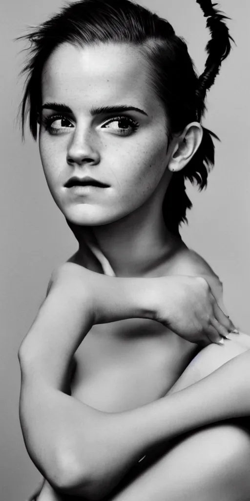 Image similar to Emma Watson closeup face shoulders pigtail hair Vogue fashion shoot by Peter Lindbergh fashion poses detailed professional studio lighting dramatic shadows professional photograph by Cecil Beaton, Lee Miller, Irving Penn, David Bailey, Corinne Day, Patrick Demarchelier, Nick Knight, Herb Ritts, Mario Testino, Tim Walker, Bruce Weber, Edward Steichen, Albert Watson