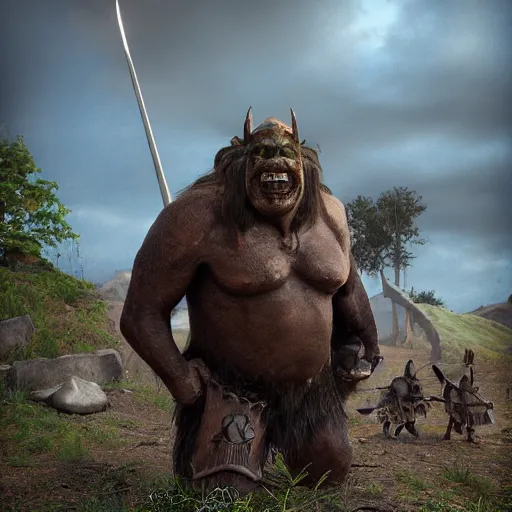 Image similar to zulgeteb the troll stands guard at bailymena outpost, lifelike digital photograph, danger lurks, magic, orcs, horses, spears, epic, realistic, f 2 2 1 6 mm, rule of thirds, rendered in octane, rendered in vray, rendered in arnold, insanely detailed, photorealistic, cinematic, global illumination