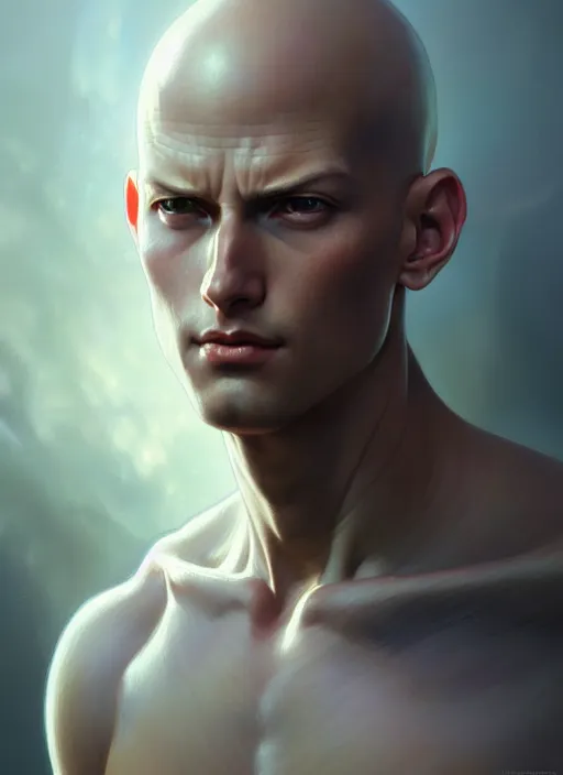 Image similar to ultra realistic illustration, handsome saitama, intricate, elegant, highly detailed, digital painting, artstation, concept art, smooth, sharp focus, illustration, art by artgerm and greg rutkowski and alphonse mucha and wlop