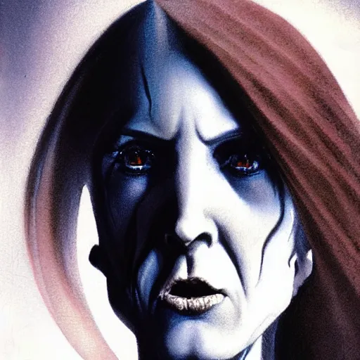 Prompt: head and shoulders portrait of a ghostly, shadowy, spectral banshee portrayed by celine dion, d & d, fantasy, greg rutkowski, frank frazetta, alexandre chaudret, boris vallejo, michael whelan, miro petrov, hr giger, magali villeneuve, donato giancola