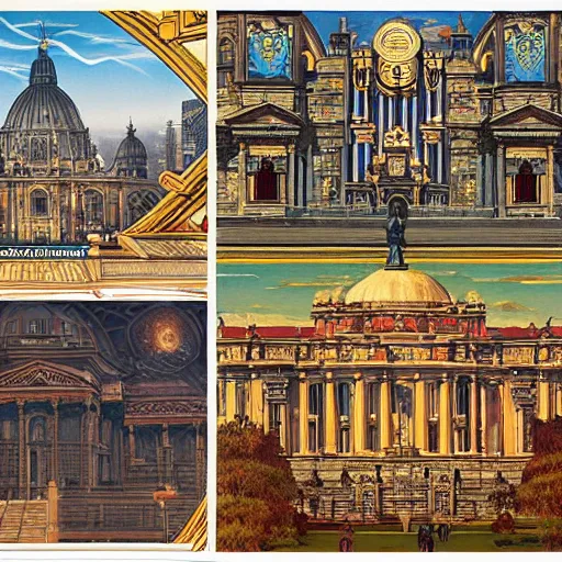 Prompt: the palace of AI, style blend of the vatican, Neo-Andean architecture, cyberpunk, and the Victorian era, depicted in a mixed style of Möbius, masamune Shirow, Rafael, neoclassical paintings, and Shepard Fairey