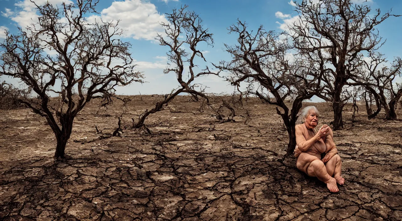 Image similar to medium shot of a 65-year-old Gaia, crying one single tear, facing the camera and sitting on a dried up river in a desolate land, dead trees, blue sky, hot and sunny, highly-detailed, elegant, dramatic lighting, artstation, 4k, cinematic landscape, photograph by Elisabeth Gadd