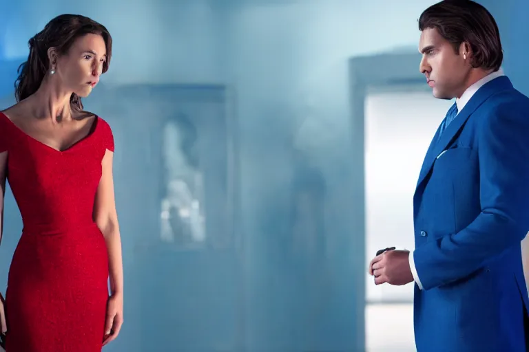 Image similar to full body film still of a man longingly looking at a woman in a red dress as a woman in a blue dress looks dissapointedly at the man in the new romance movie, dramatic angle, dramatic lighting