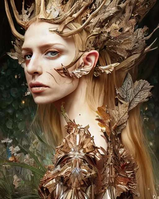 Prompt: Beautiful and frightening high elf queen wearing high fashion made of wood and leaves from Alexander McQueen and Iris Van Herpen, hyperrealistic masterpiece painted by Jaime Jones, Jana Schirmer, Artgerm and Alphonse Mucha