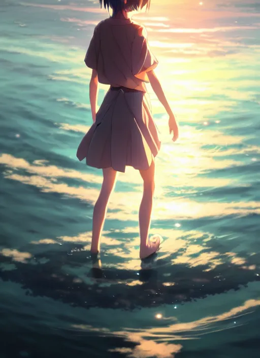 Prompt: anime girl walking on water, ripples, backdrop of dawn, saturn in the background, illustration, concept art, anime, key visual, trending pixiv fanbox by wlop and greg rutkowski and makoto shinkai and mamoru hosada and studio ghibli