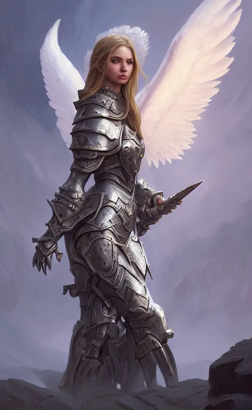 Image similar to angel, full armor cloth, full body portrait, gentle, female, dark ruins landscape, d & d, fantasy, intricate, elegant, highly detailed, digital painting, white gold color palette, artstation, octane render, concept art, matte, sharp focus, illustration, hearthstone, art by artgerm and greg rutkowski and alphonse mucha