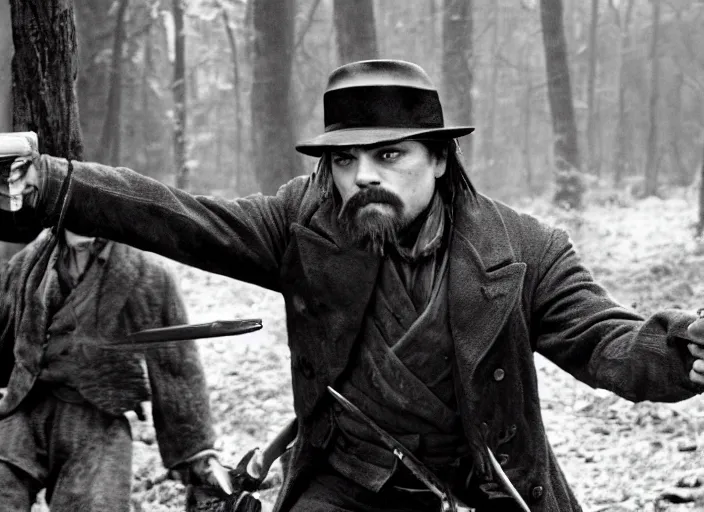 Prompt: an action scene from the movie gangs of new york, filmed in a dark forest, medium long shot, leonardo dicaprio and daniel day - lewis, sharp eyes, serious expressions, detailed and symmetric faces, black and white, cinematic, epic,