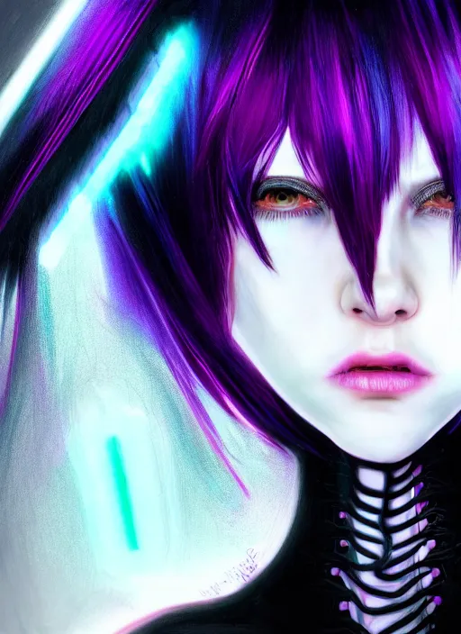 Image similar to hair whitebangs hair, black cyberlox, portrait of teenage girl with white bangs, whitebangsblackhair, messy bangs, cyberlox, whitebangs, red irises, purple clothes, intricate, elegant, glowing lights, highly detailed, digital painting, artstation, concept art, sharp focus, illustration, art by wlop, mars ravelo and greg rutkowski