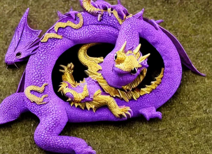Prompt: A tiny cute purple and gold dragon lays down on its back, cute dragon looking up relaxing