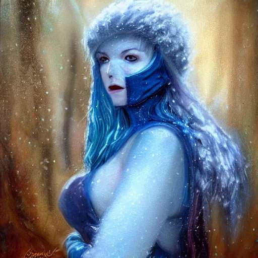 Prompt: ‘ icewind dale ’ themed womanly portrait by ‘ justin sweet ’, frost blue mask, falling snow, soft focus, oil paint,