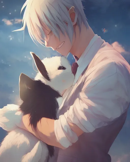 Prompt: a man hugging an anime bunny, medium shot, visible face, detailed face, perfectly shaded, atmospheric lighting, by makoto shinkai, stanley artgerm lau, wlop, rossdraws