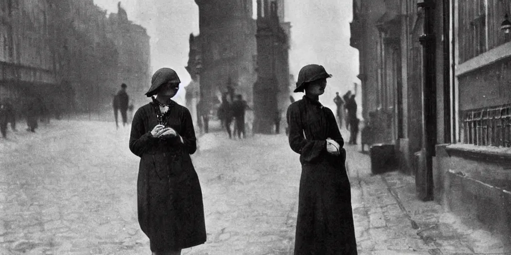 Prompt: a young woman with freckles looks deeply into the camera, 1920's london street, art nouveau, dark streets, grungy, style of Joel Meyerowitz, gustav klimpt, painterly