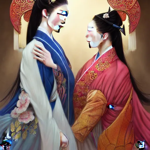 Prompt: ‘ a full portrait of two elegant Chinese princesses, kongfu fighting, D&D, blue eyes, fire hair, fantasy, intricate, elegant, highly detailed, digital painting, artstation, concept art, smooth, sharp focus, illustration, art by artgerm and greg rutkowski and alphonse mucha’