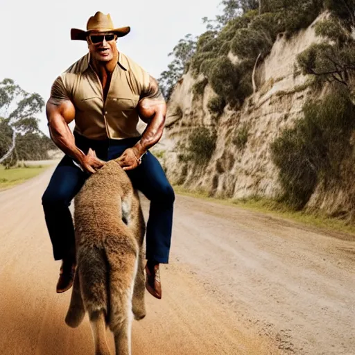 Image similar to dwayne johnson riding on the back of a kangaroo, he is wearing a safari outfit and a pith hat, studio photography, 8 k