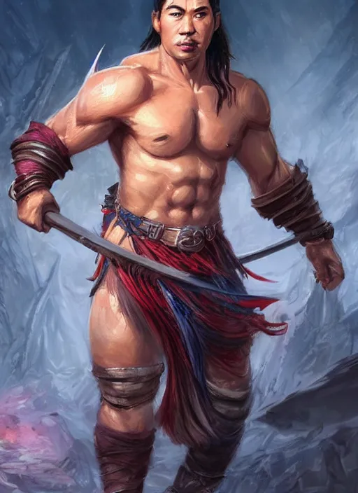 Image similar to muscly asian man mid parted hair, dndbeyond, bright, colourful, realistic, dnd character portrait, full body, pathfinder, pinterest, art by ralph horsley, dnd, rpg, lotr game design fanart by concept art, behance hd, artstation, deviantart, hdr render in unreal engine 5