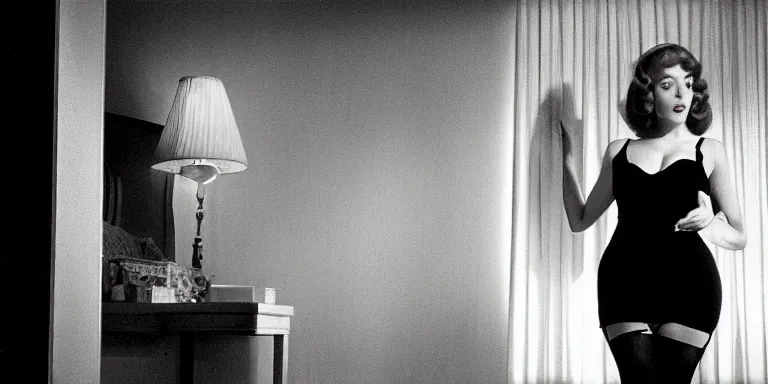 Image similar to photorealistic wide shot cinematography of a beautiful woman putting on stockings acting in a twilight zone episode shot on film at magic hour with the sun shining into a large 6 0's hotel lobby room filled with volumetric haze by the shining cinematographer john alcott on a cooke panchro 1 8 mm lens.