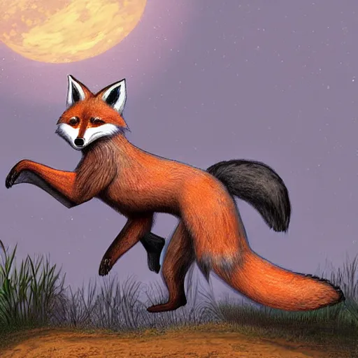 Image similar to a very large fox with a riding saddle offers a ride to a raccoon, digital art