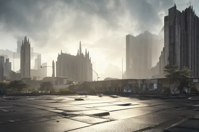 Image similar to streetscape, a towering cathedral of brutalist architecture, buildings covered with greebles, stunning volumetric light, sunset, metal, concrete and translucent material, stunning skies, majestic landscape, trending on Artstation, 8k, photorealistic, hyper detailed, unreal engine 5, IMAX quality, cinematic, epic lighting, in the style of Greg Rutkowski