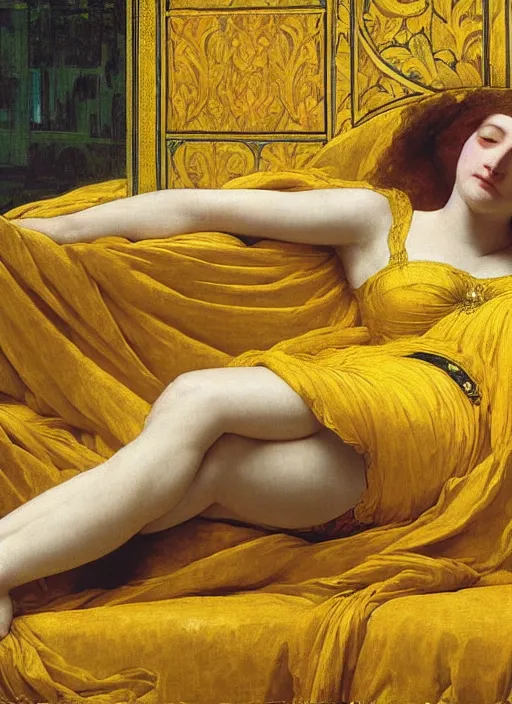 Image similar to masterpiece portrait of lady reclining on spilling flowing bed wearing yellow ochre ornate medieval dress, vertical, foreshortening, colour photography by frederic leighton, william morris, 8 k