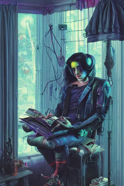 Prompt: cybergoth guy reading a book in a cluttered messy 9 0 s bedroom, artgerm, tom bagshaw, gerald brom, vaporwave, vaporwave colors, 9 0 s, 9 0 s aesthetic, perfect face, detailed face, symmetrical face,