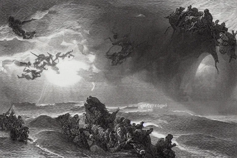 Image similar to aerial view, the biblical crossing of the red sea, Gustave Dore lithography