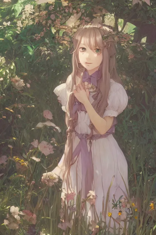 Image similar to a digital art of a loli with long hair in a dress in the privet garden at after noon, by krenz cushart and mucha and akihito yoshida and greg rutkowski and makoto shinkai, detailed eyes, 4 k resolution 、 trending on art station