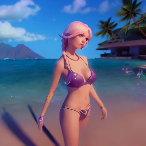 Prompt: beautiful render of pool party Lux (league of legends) looking at the horizon in a hawaii beach, 3d, octane render, realistic, highly detailed, trending on artstation