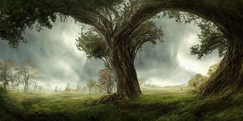 Image similar to A tornado in a beautiful scenic landscape, nature, trees, wide angle, super highly detailed, professional digital painting, artstation, concept art, smooth, sharp focus, no blur, no dof, extreme illustration, Unreal Engine 5, Photorealism, HD quality, 8k resolution, cinema 4d, 3D, beautiful, cinematic, art by artgerm and greg rutkowski and alphonse mucha and loish and WLOP