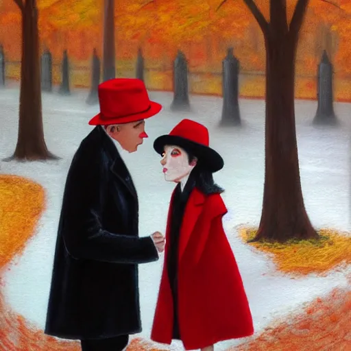 Prompt: A thin man in a black coat and bowler hat talks with small girl who is dressed in a red coat and a red hat, park, autumn, oil painting style, wide angle, high detail, width 768