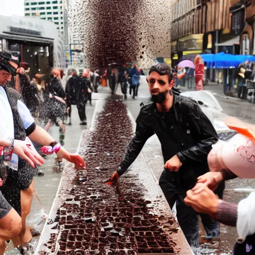 Image similar to people on street get sink on chocolate liquid rain, flooded with chocolate