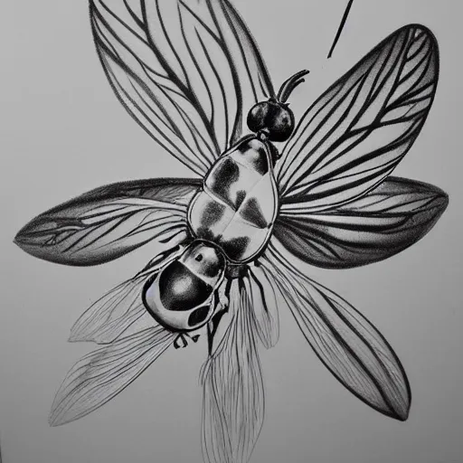 Image similar to common fly, black and white, botanical illustration, black ink on white paper, bold lines