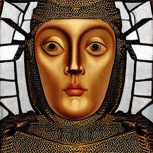 Image similar to a portrait of a shiny metallic renaissance robot, in the style of Jan van Eyck,