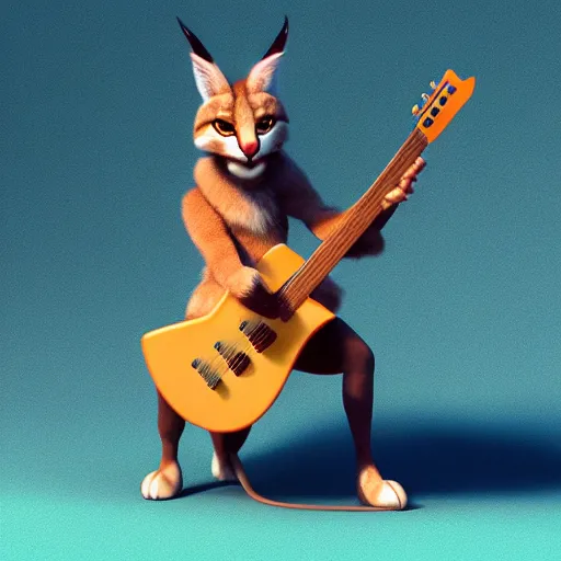 Image similar to cute fluffy caracal playing fluffy guitar, fully detailed, high quality , 4k , octane render , soft light , masterpiece