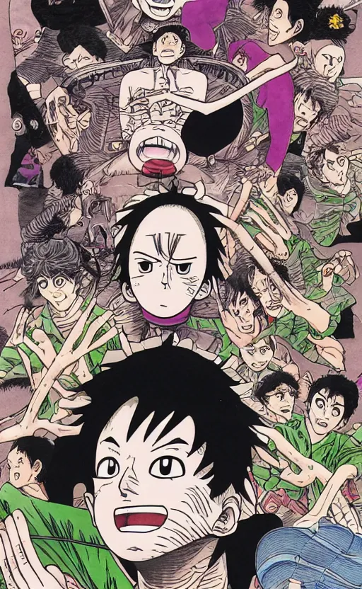 Image similar to Junji Ito, Hirohiko Araki, Akira Toriyama, detailed colorized manga illustration