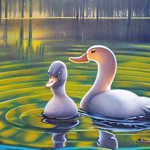 Prompt: A chess game between two ducks in a pond, art by Dmitry Dubinsky