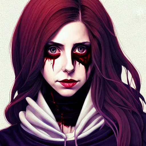 Prompt: loish, artgerm, Joshua Middleton art, pretty female Alison Brie serial killer holding bloody knife, blood on clothes and face, sarcastic smile, symmetrical eyes, symmetrical face, full body, jean jacket, jeans, short blonde hair, middle shot, night time, deep blacks
