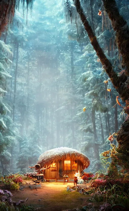 Image similar to a hut made of fur, magical forest, community, robots, electric swirls, furry, soft, concept art, intricate details, highly detailed, photorealistic, disney pixar, octane render, iridescent, anime, 8 k