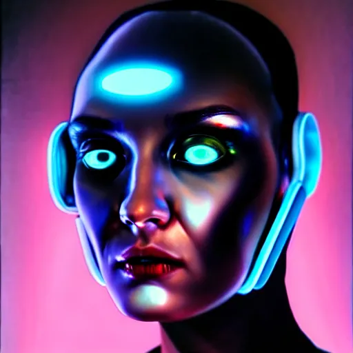 Image similar to hyperrealism oil painting portrait of cyberpunk cyborg fashion model with glowing eyes