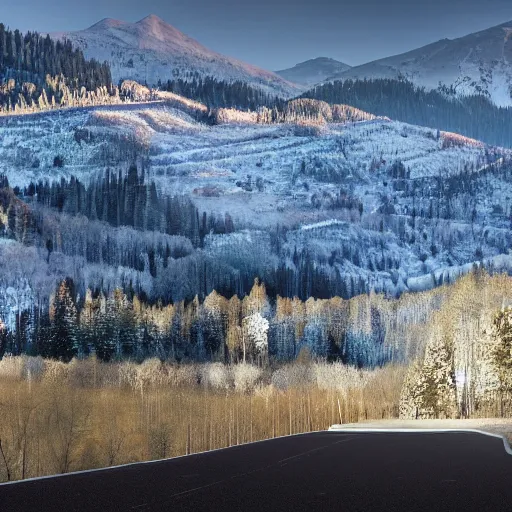 Image similar to an expansive view of a futuristic containment building with a road leading up to it in a forested valley and snow - capped mountains in the distance, national geographic, hyper realistic, 4 k, dusty light