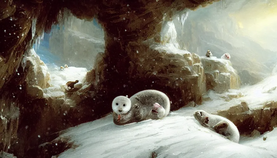 Image similar to highly detailed closeup painting of cute furry white baby seals eating fish inside a snowy fantasy ice crystal cavern by william turner, by greg rutkowski, by william constable, thick brush strokes and visible paint layers, 4 k resolution