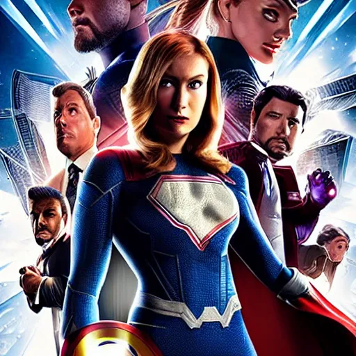 Prompt: a marvel poster with a superhero business woman in the center, ray tracing, high contrast