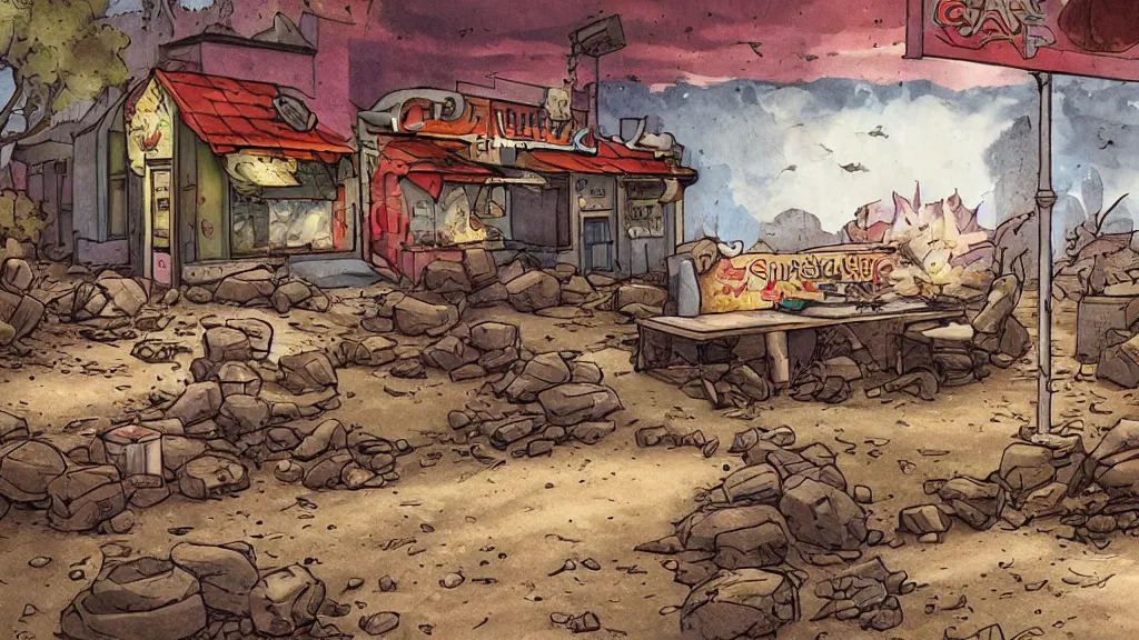 Image similar to storybook illustration signed dugout abandoned fastfood restaurant, postapocalypse, cinematic